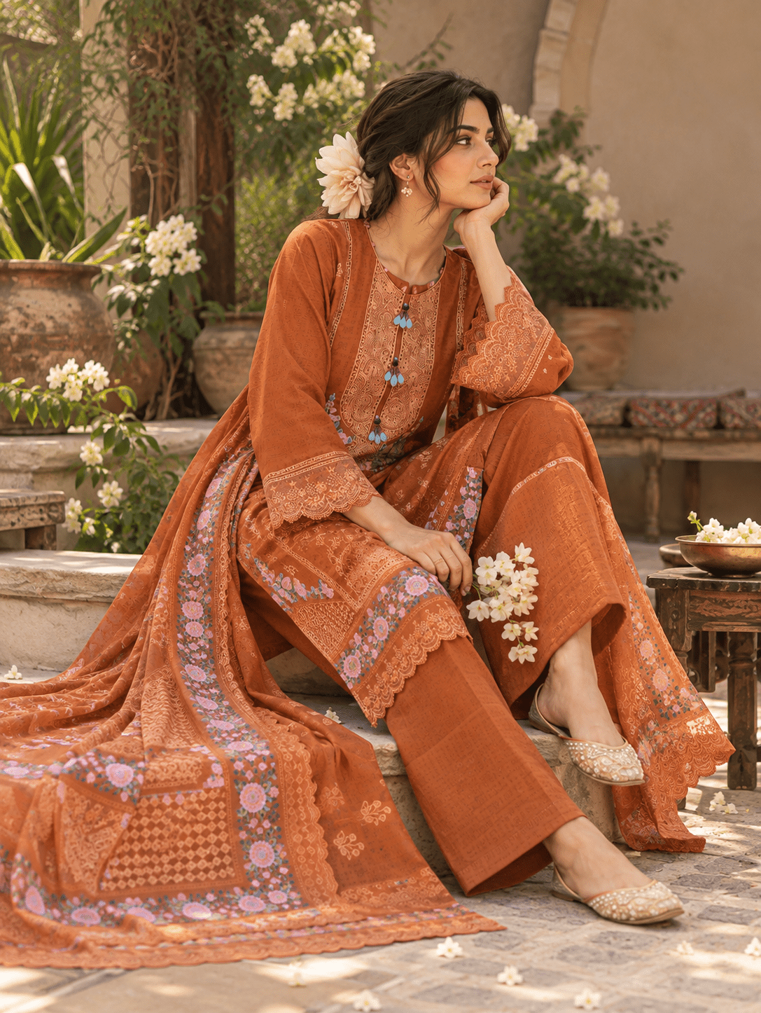 Burnt Orange Cotton Suit | 3-Piece Stitched | Rovaya