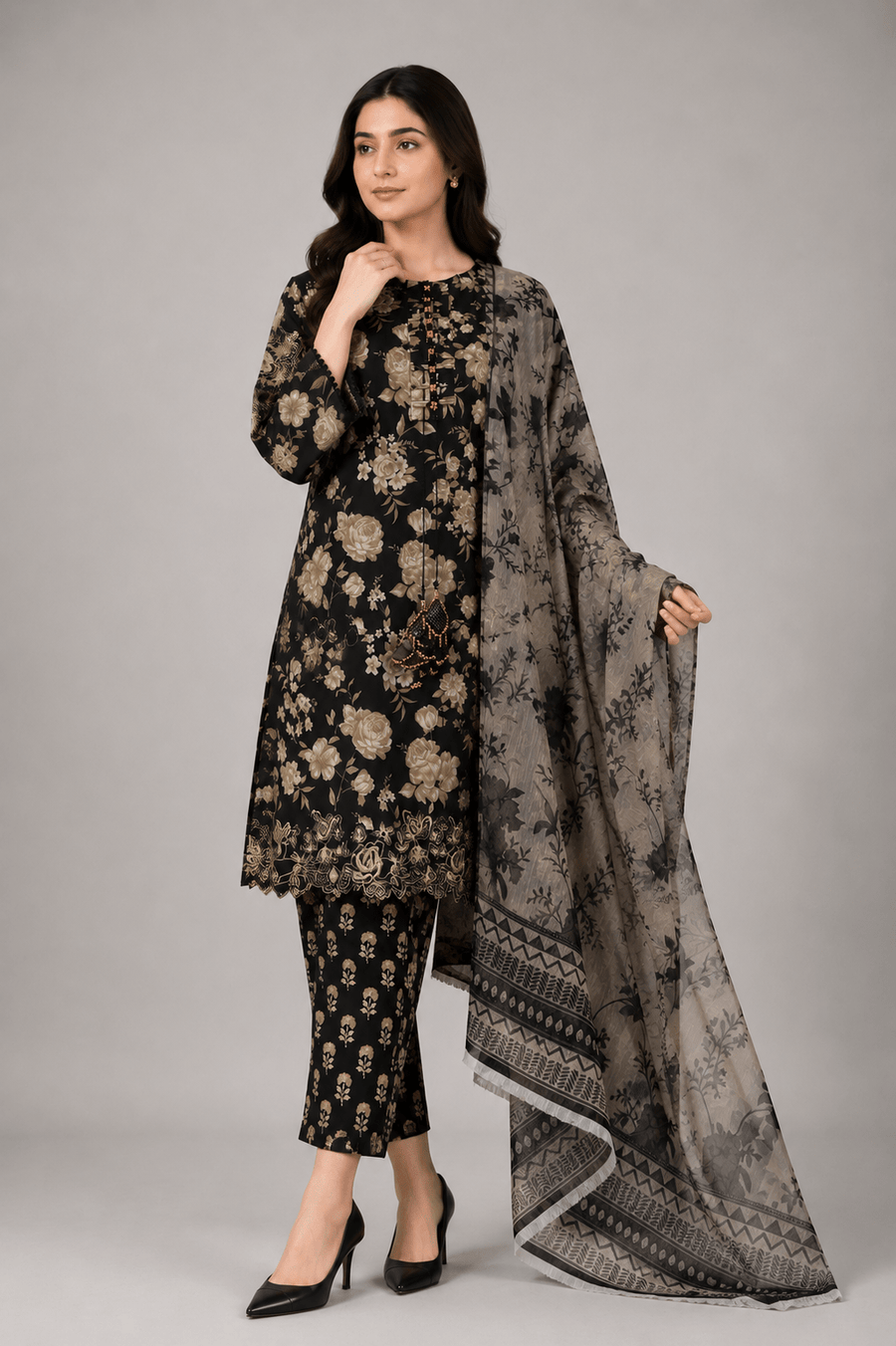 Black Floral Printed 3-Piece Lawn Suit for Women