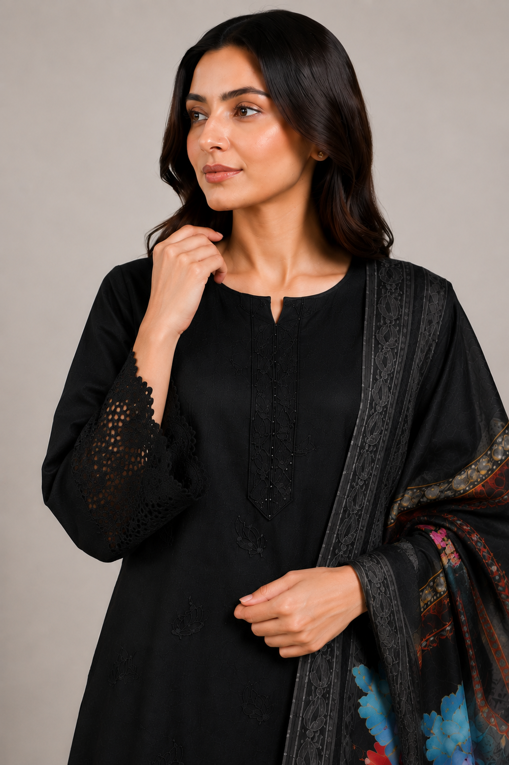 Black Suit with Printed Dupatta | 3-Piece