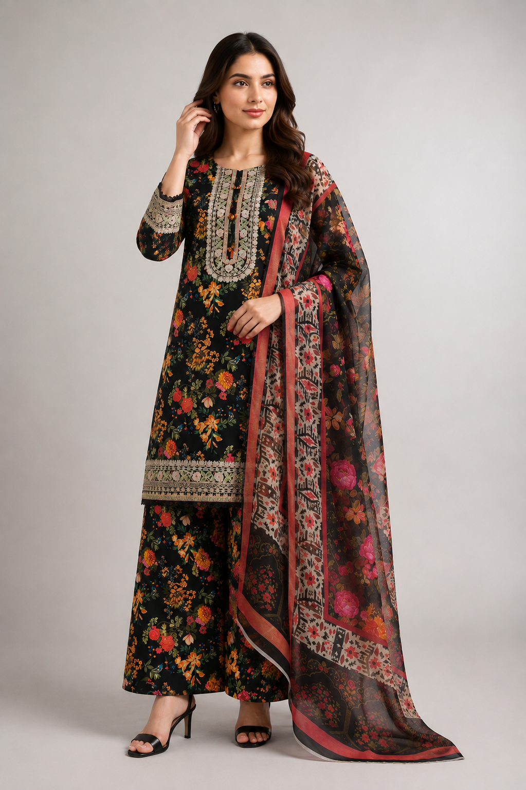 Black Multicolour Floral Suit | 3-Piece