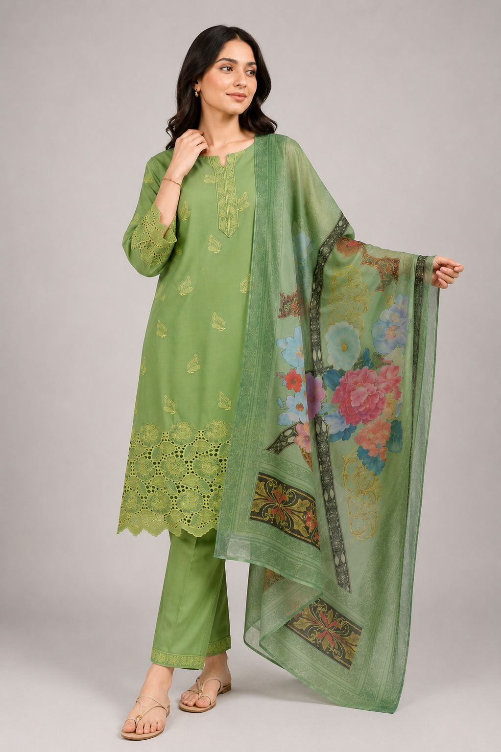 Green Suit with Printed Dupatta | 3-Piece
