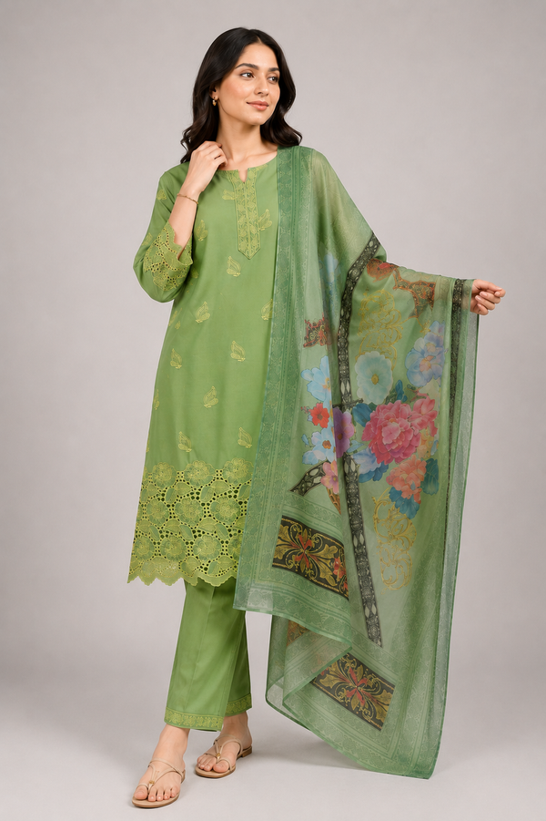 Green Suit with Printed Dupatta | 3-Piece