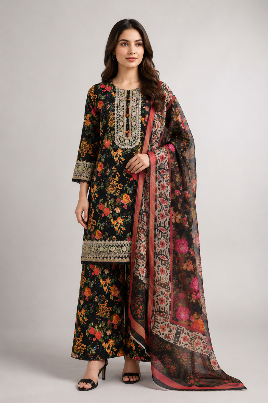 Black Multicolour Floral Suit | 3-Piece