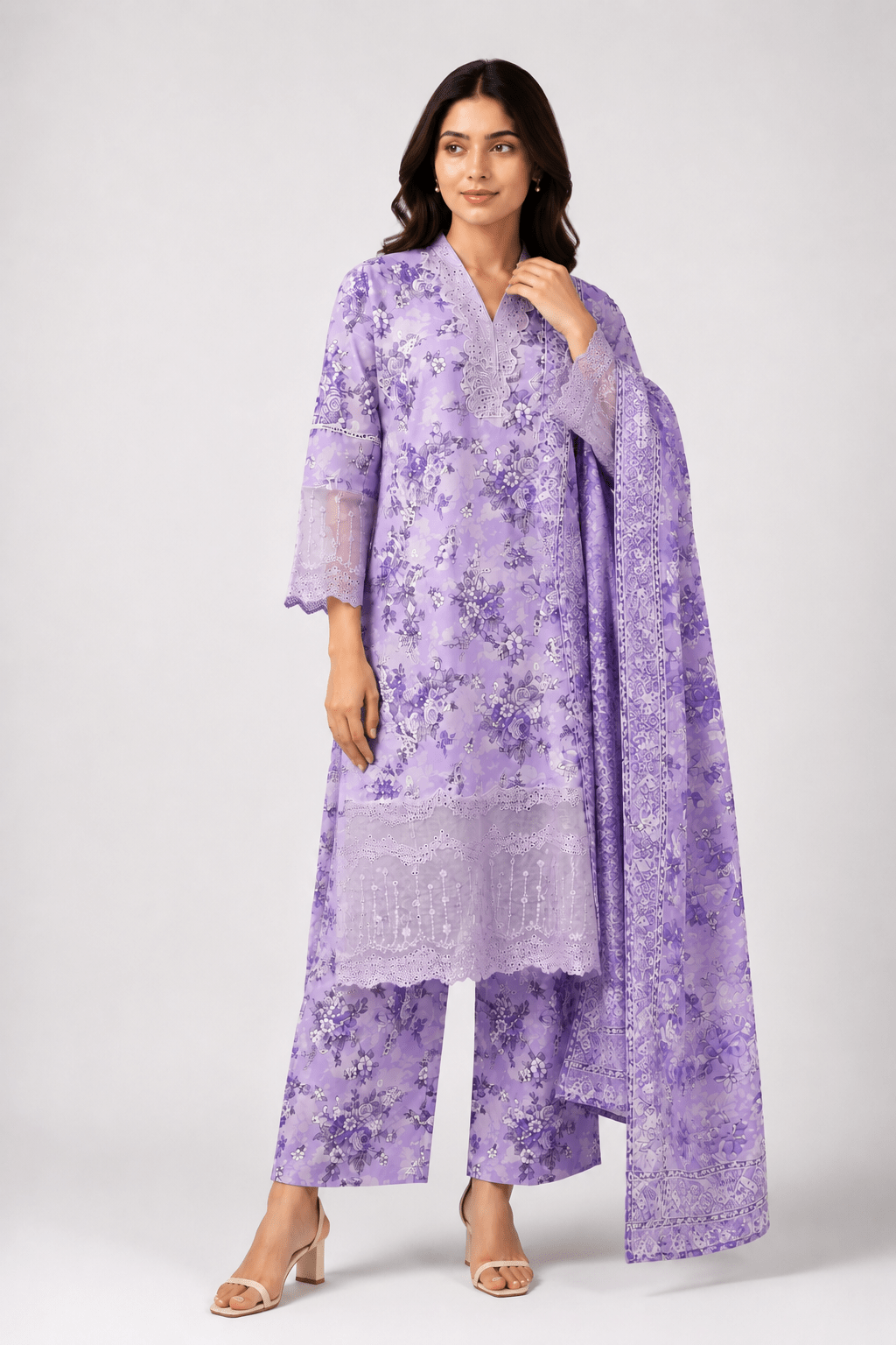 Purple Embroidered Suit with Lilac Floral Work - Rovaya