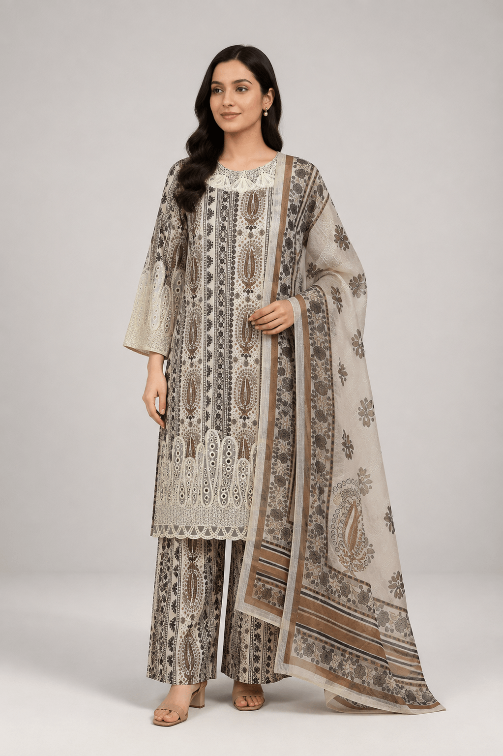 Brown Printed Suit | 3-Piece Set - Rovaya