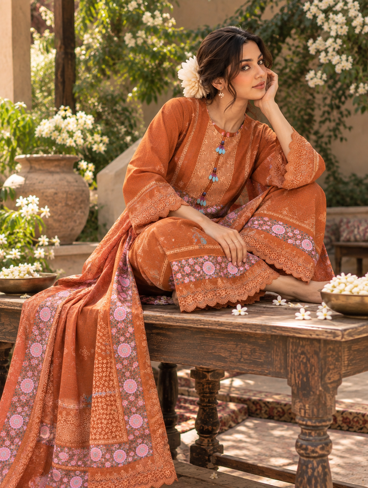 rust embroidered stitched suit