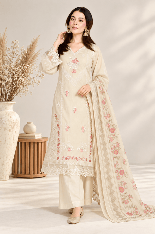 Off White Embroidered Cotton Suit | Stitched | Rovaya