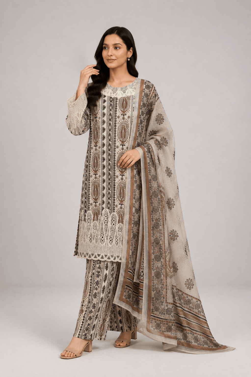 Brown Printed Suit | 3-Piece Set - Rovaya