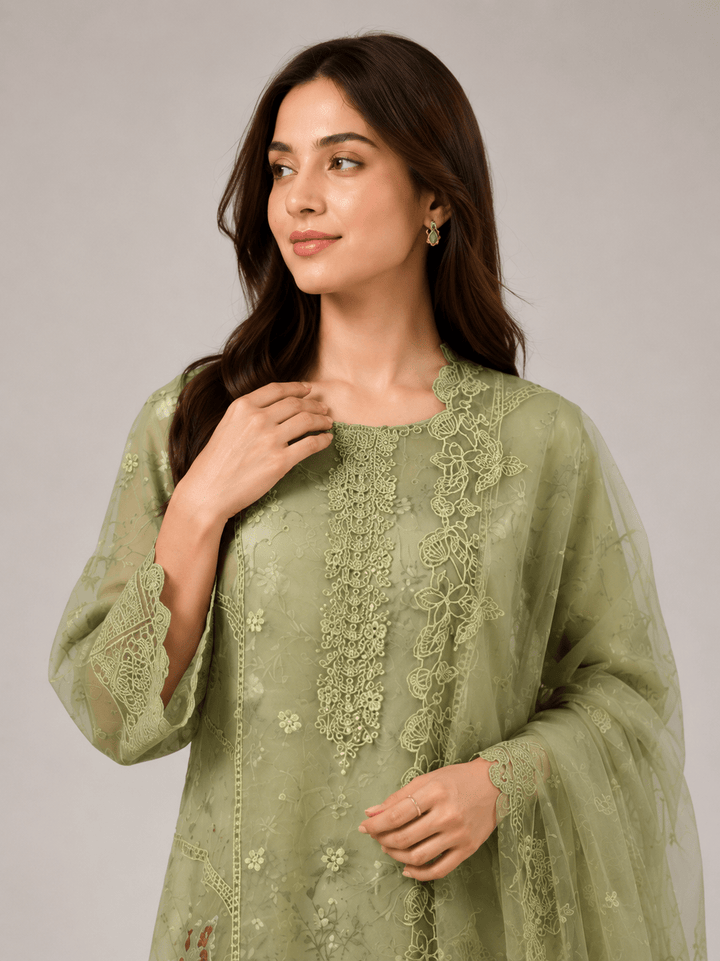 Sage Green Tonal Embroidered Stitched Suit for Women
