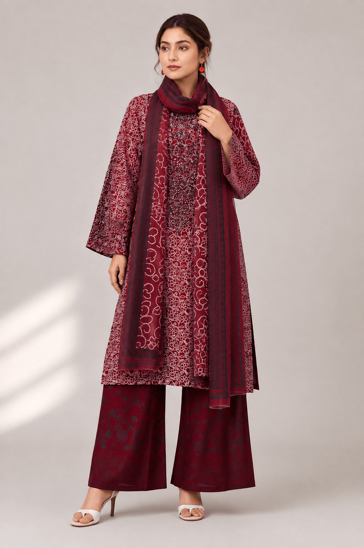 Maroon Printed Embroidered 3-Piece Stitched Suit for Women
