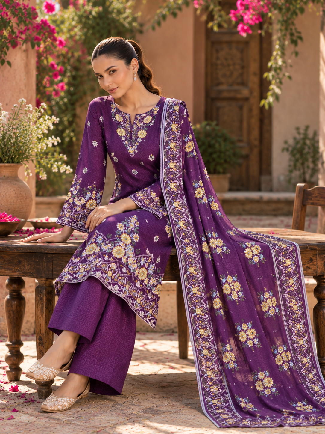 Purple Embroidered Cotton Suit | 3-Piece | Rovaya