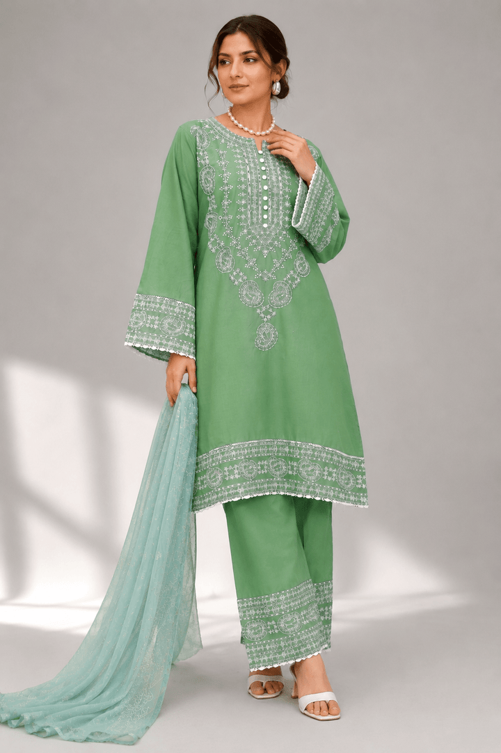 Sage Green and White Embroidered 3-Piece Stitched Suit for Women