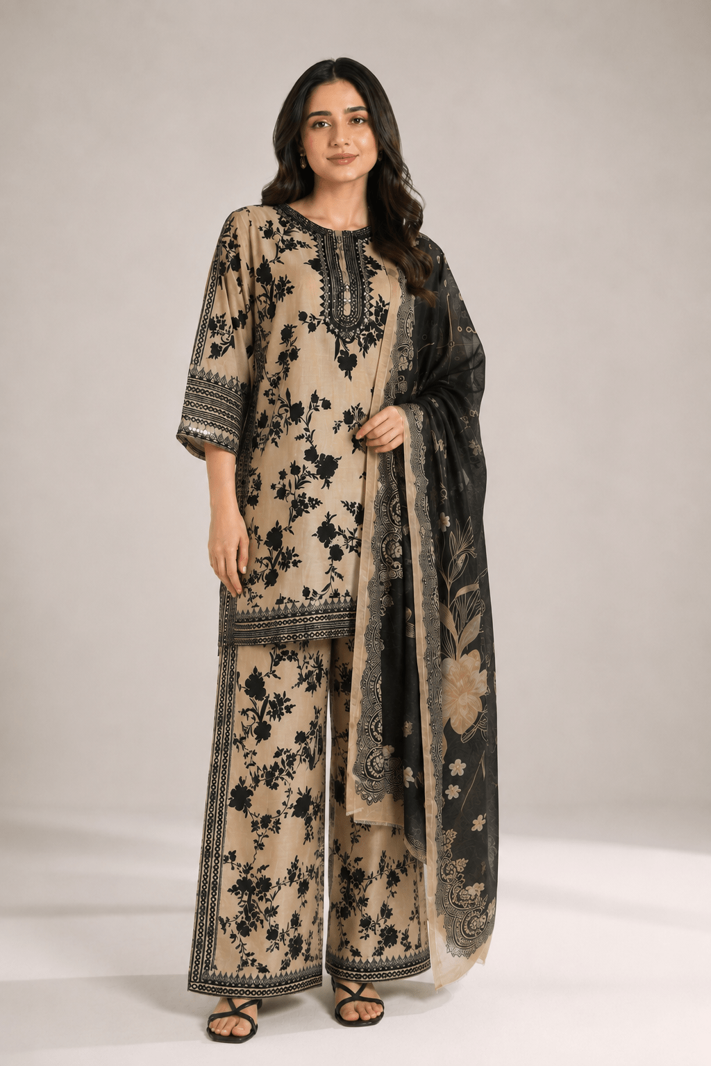 Beige Printed Embroidered Suit | 3-Piece - Rovaya