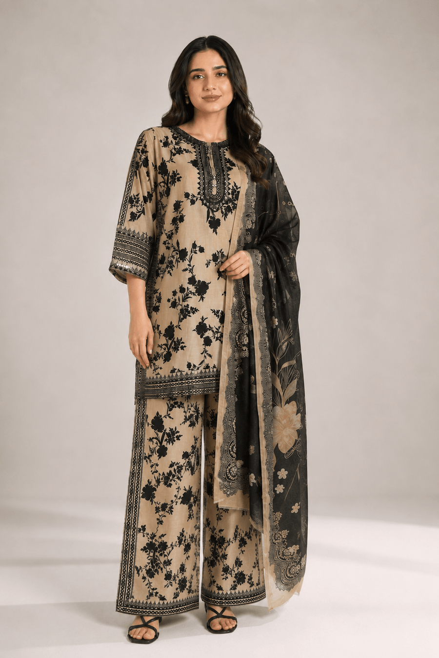 Beige Printed Embroidered Suit | 3-Piece