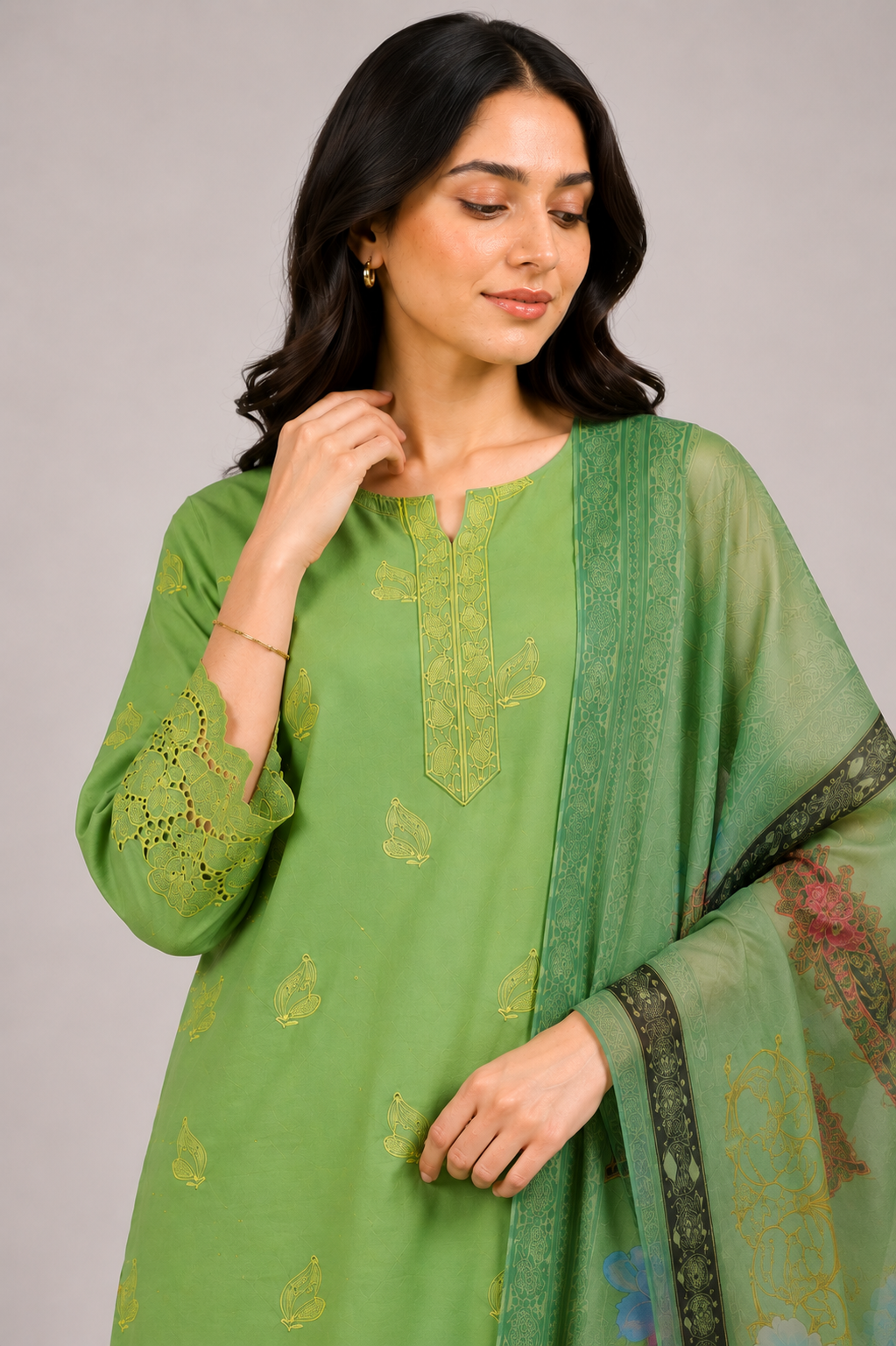 Green Suit with Printed Dupatta | 3-Piece