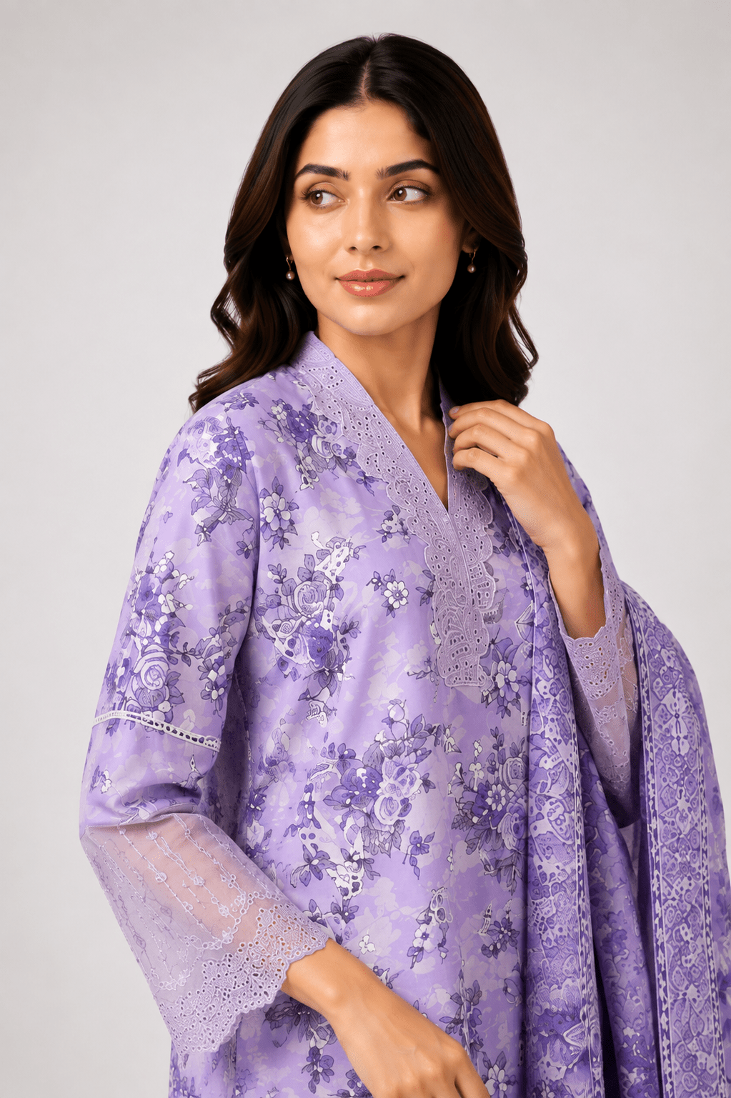 Purple Embroidered Suit with Lilac Floral Work - Rovaya