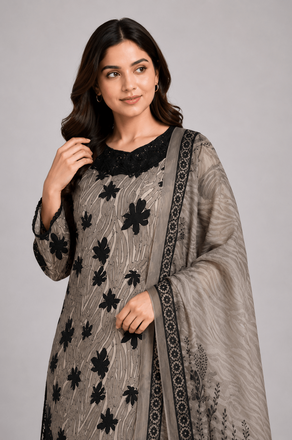 Black and Beige Embroidered Suit | 3-Piece - Rovaya