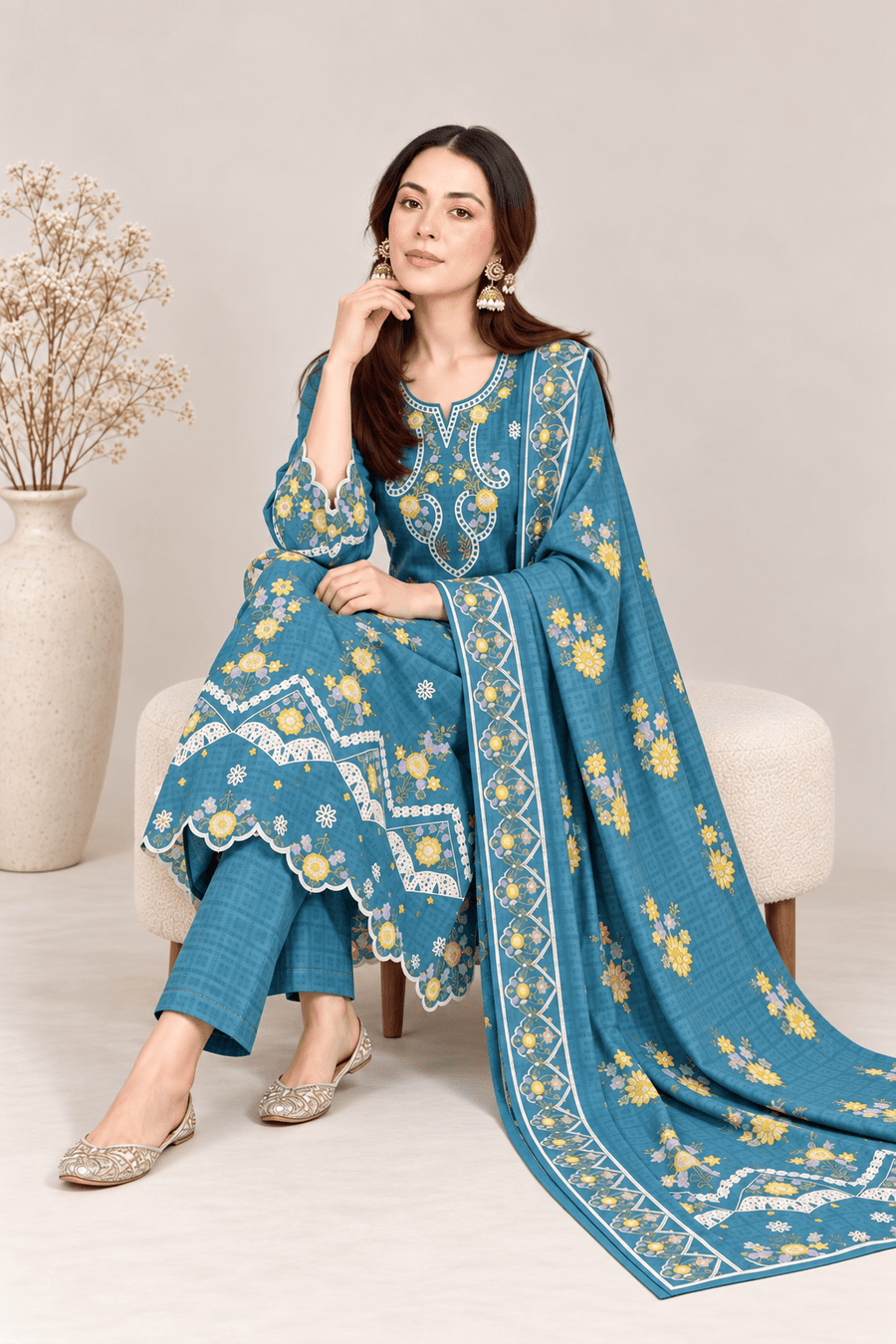 teal embroidered stitched suit
