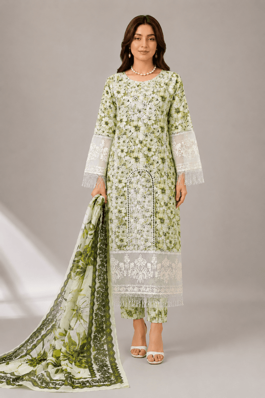White Embroidered Suit with Green Floral Work | 3-Piece