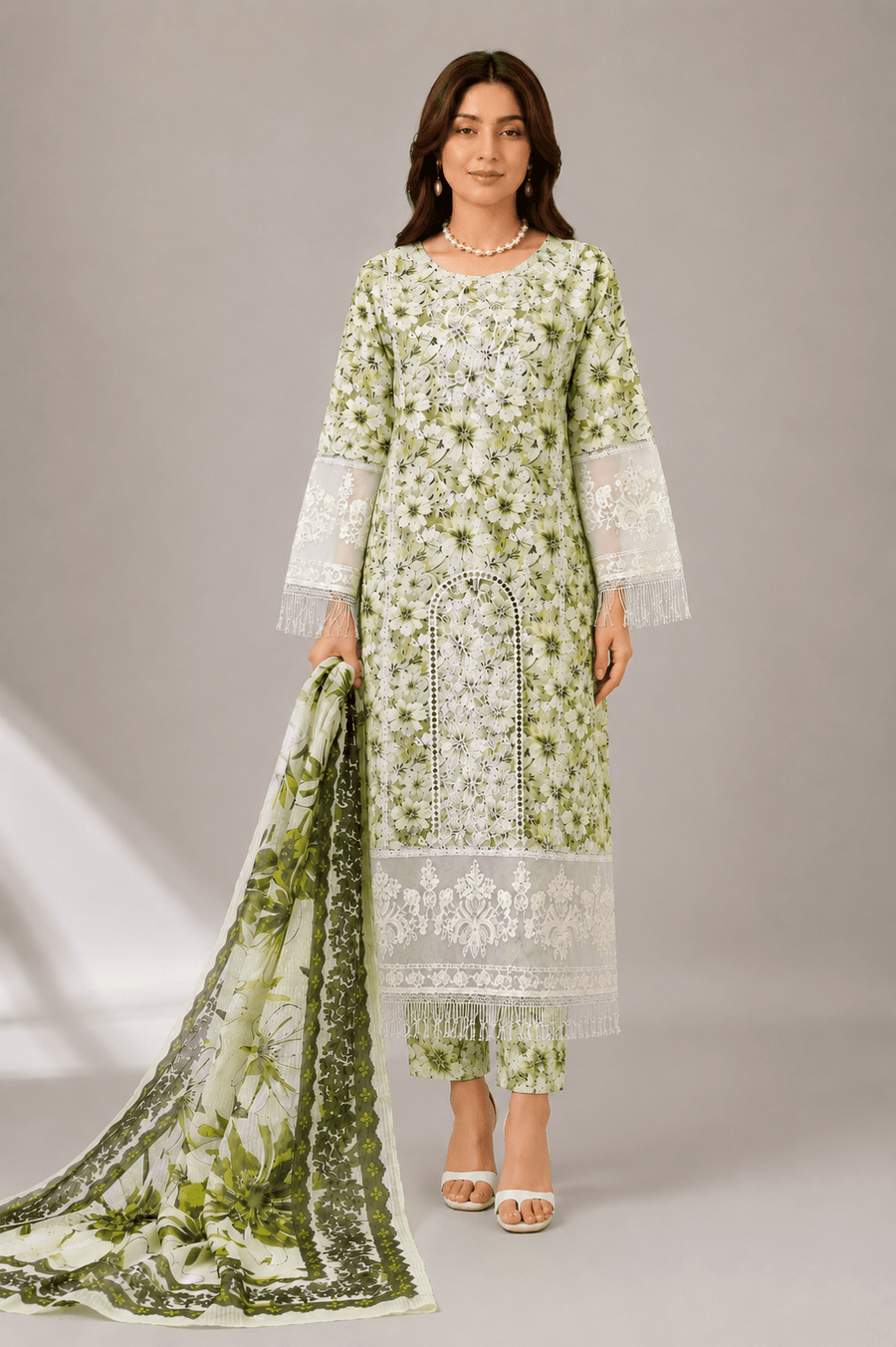 White and Green Floral Embroidered 3-Piece Stitched Suit for Women