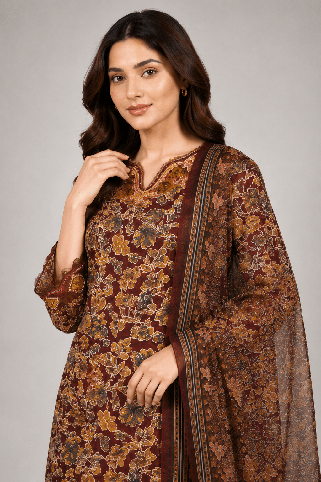 Maroon Printed Suit | 3-Piece - Rovaya