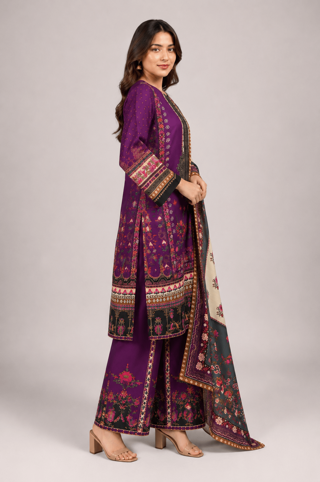Magenta Printed Suit | 3-Piece - Rovaya