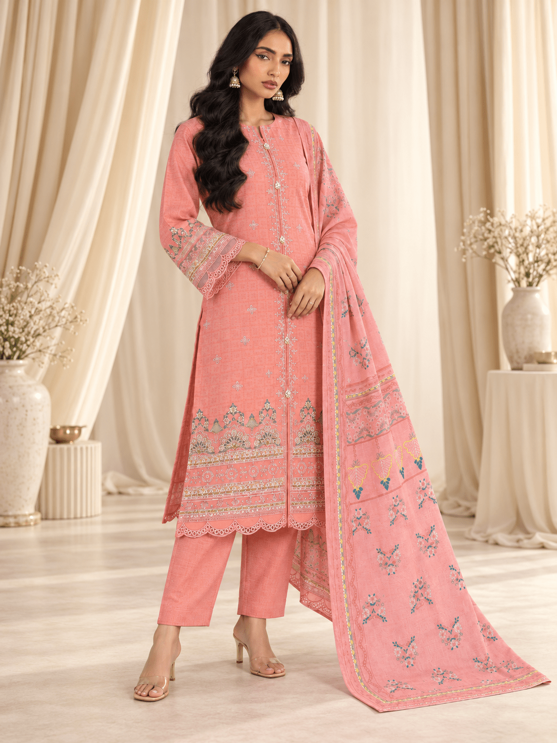 pink embroidered stitched suit