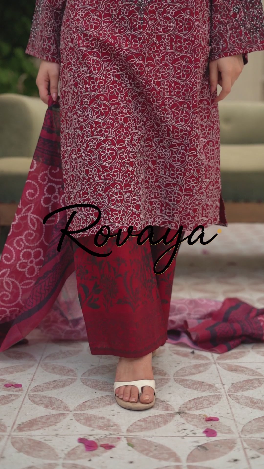Maroon Printed Embroidered Suit | 3-Piece
