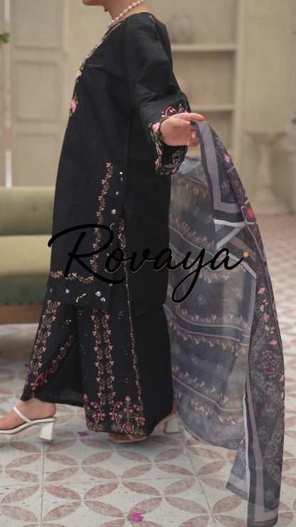 Midnight Ebony – Embroidered Floral Cotton Flapper Suit