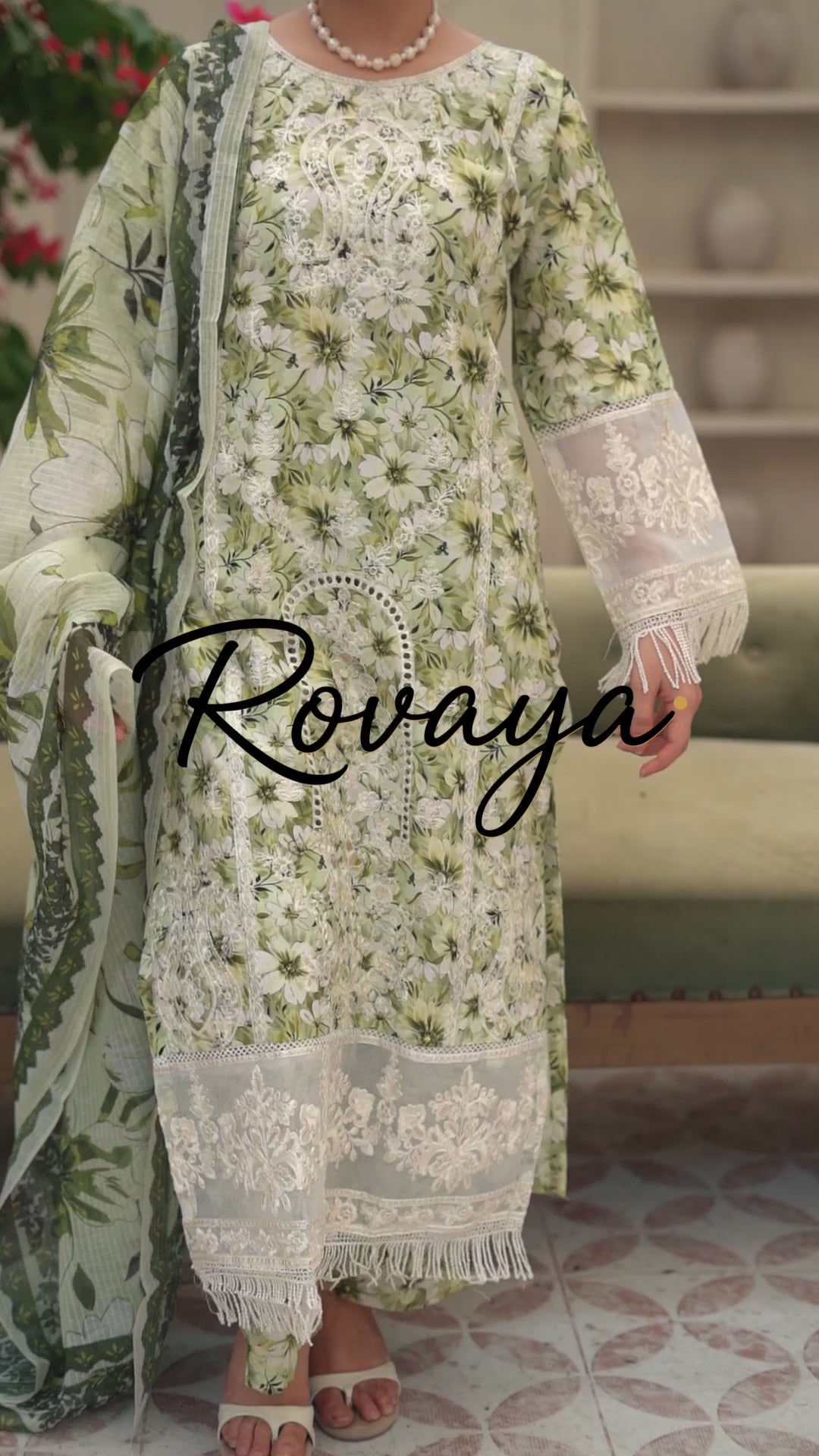 White Embroidered Suit with Green Floral Work | 3-Piece